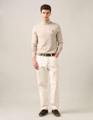 U.S. POLO ASSN. Men's Beige Solid Turtle Neck Long Sleeve Casual Acrylic Regular Fit Pullover Sweater USSWE2253Beige3XL