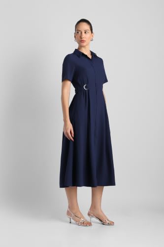 Women Navy Solid Calf Length Formal Dress
