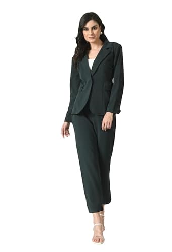 OFFICE PURPLE Women's Cotton Blend Solid Blazer & Pant Set with Camisole | Formal 3-Piece Set (Green, XL)