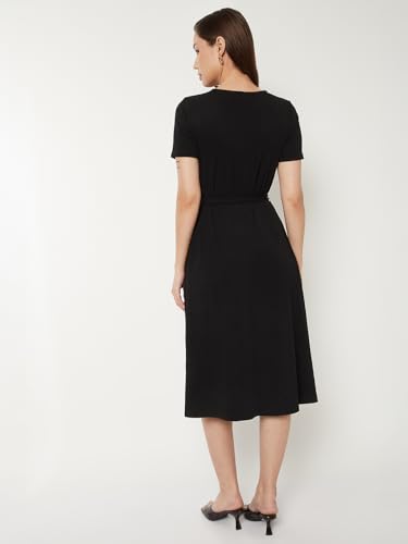 Max Women Textured A-line Belted Dress (Black_XL)
