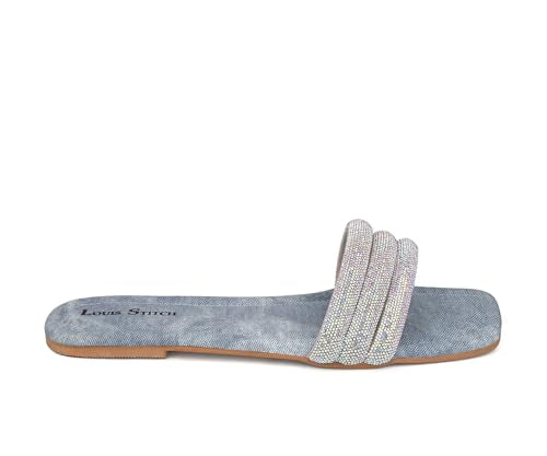 LOUIS STITCH Women’s Fashion Flat Slip-On Sandals | Open Toe Blue Shiny Strap Flat Slipper for Ladies | UK-6