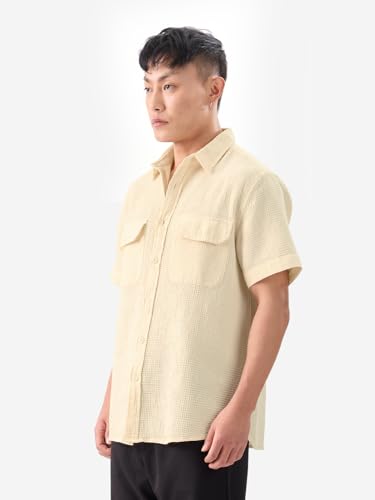 The Souled Store Eggshell White Men and Boys Short Sleeves Collared Neck Button Front Regular Fit Cotton Textured Shirts