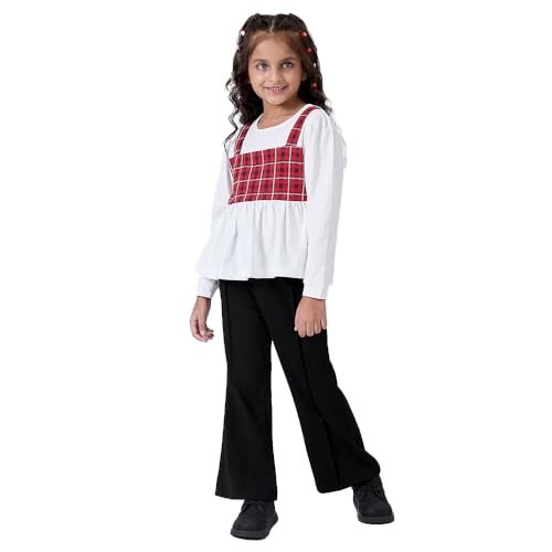 Hopscotch Girls White Full Sleeves 2-Pc Plaid Cotton Pants Set For Age (3-4 Years)