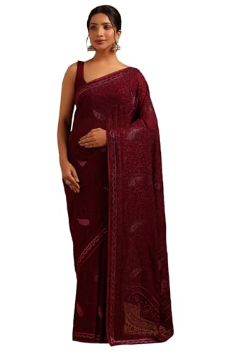 Soch Womens Wine Georgette Paisley Print Saree With Stone Work