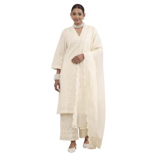 Biba Women Yellow Cotton Straight Suit Set_36