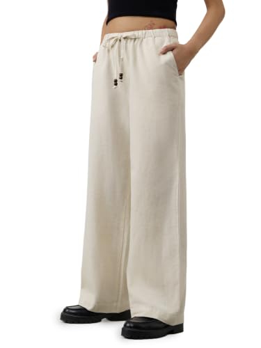 The Souled Store Cotton Linen Pants: Almond Women and Girls Solid Lightweight Breathable Easy to Style Trendy Comfortable Straight Fit Pants