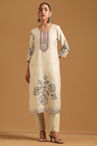 Soch Womens Cream Linen Digital Print Botanical Thread Work Salwar Suit