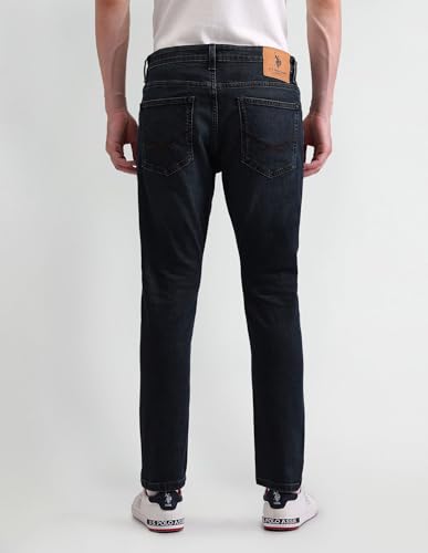 US Polo Association Men's Blue Solid Mid Rise Light Button Slim Jeans (UDJEN1369_Blue_32)