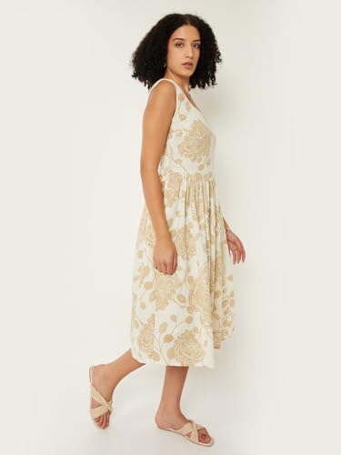 Max Women Printed Fit & Flare Midi Dress (Beige_XS)