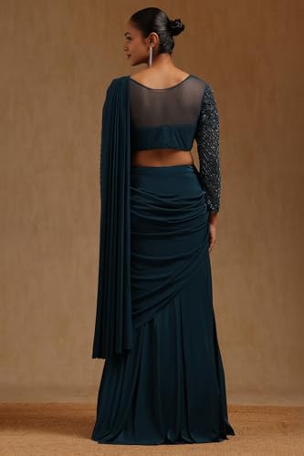 Soch Womens Blue Spandex Solid Ready To Wear Saree