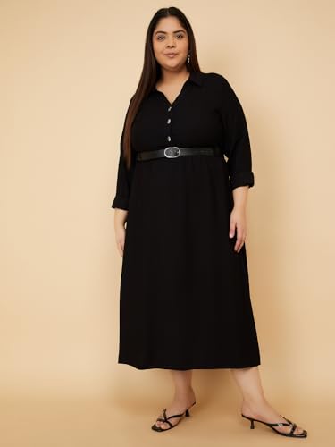 Max Women Solid Shirt Dress with Belt(Black_3XL)