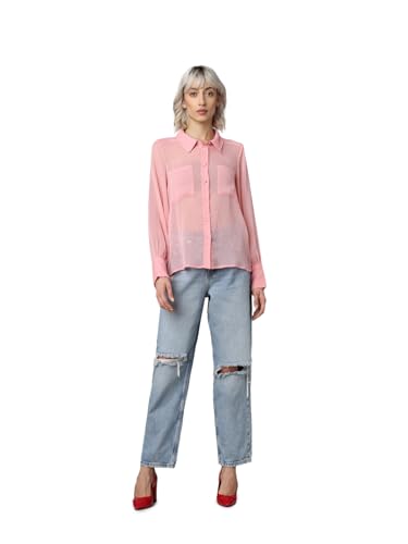 ONLY Women Solid Polyester Regular Fit Pink Shirt