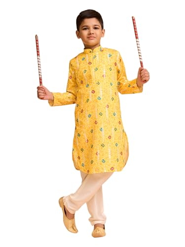Manyavar Boys Viscose Blend Bandhani Print & Mirror work Kurta Pyjama Set (Yellow,5-6Y)