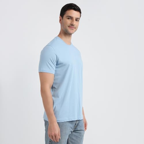 Raymond Men Regular Fit Solid Pattern Pure Cotton Crew Neck Half Sleeve Casual T-Shirt Medium Blue