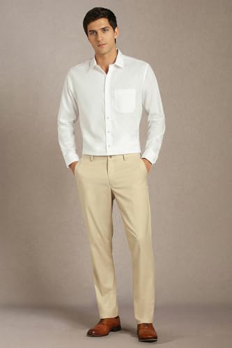 Men Beige Solid Flat Front Formal Trousers