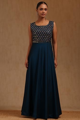 Soch Womens Teal Blue Silk Embroidered Gown with Mirror and Stone