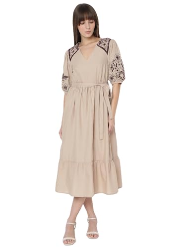 Vero Moda Women's Cotton Blend Fit and Flare Midi Dress (9013710- Beige