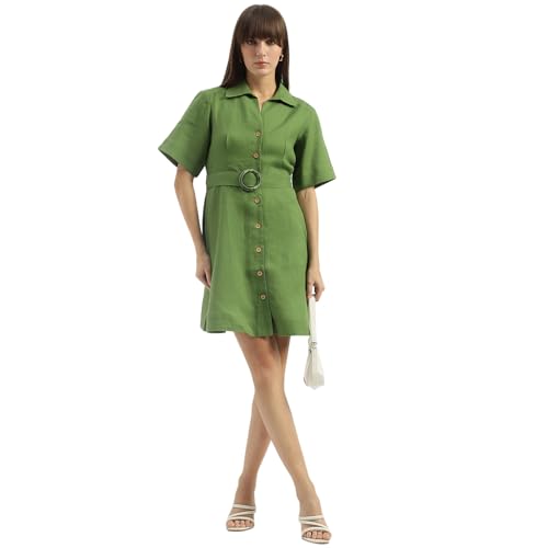 UNITED COLORS OF BENETTON Shirt Collar Solid A-Line Dress (Size: L)-25P4WVNDR150I1R8 Green