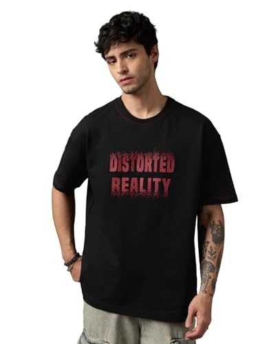 The Souled Store Oversized T-Shirt: Distorted Reality Men and Boys Short Sleeves Round Neck Black Graphic Printed Casual Lightweight Drop Shoulder Streetwear Trendy Oversized T-Shirt