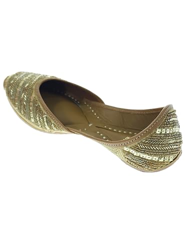 Fulkari Women's Celosia Skin Gold Soft Leather Embroidered Jutis | Bite and Pinch Free Jutti | Punjabi Formal Juttis | Girl's Wedding Flat Ladies Mojari | Formal Ethnic Juti | 36