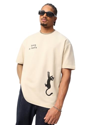 The Souled Store The Happy Pawdcast: Hang in There Men and Boys Short Sleeves Round Neck Cream Graphic Printed Cat Casual Lightweight Drop Shoulder Streetwear Trendy Oversized T-Shirts