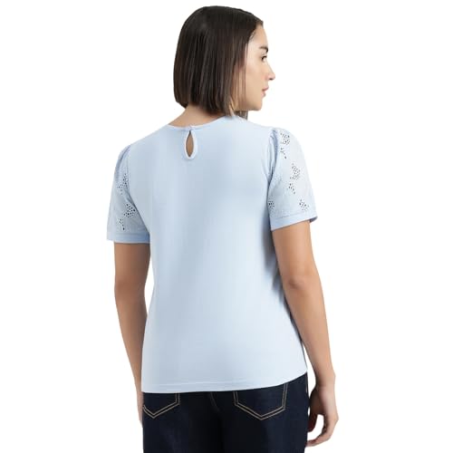 United Colors of Benetton Round Neck Schiffli Embroidery T-Shirt (Size : S) - 26P3KNTWVYK4I51B Blue