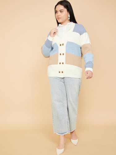 Max Women Knit Colourblock Cardigan (Blue_3XL)