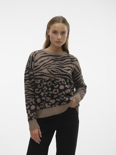 VERO MODA Women Animal Print Acrylic Regular Fit Brown Pullover Sweater