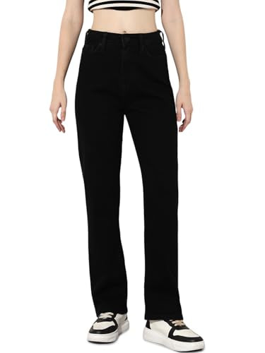 ONLY Women's Solid Straight Fit Mid-Rise Black Jeans