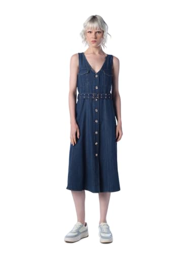 ONLY Women's Solid Fit and Flare Blue Dress with Belt