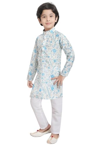 TinySteps Traditional Ethnic Wear Boys Printed Kurta With Sequence Work And White Cotton Elastic Waist Pajama Set (Blue)