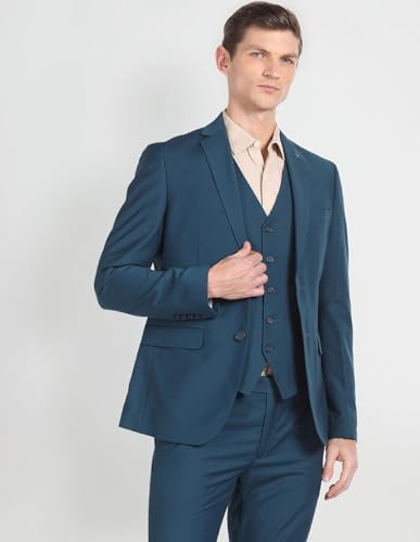 Arrow Men Polyester Regular Fit Double Breasted Business Suit Pants Set (ARAGSU5585_Teal