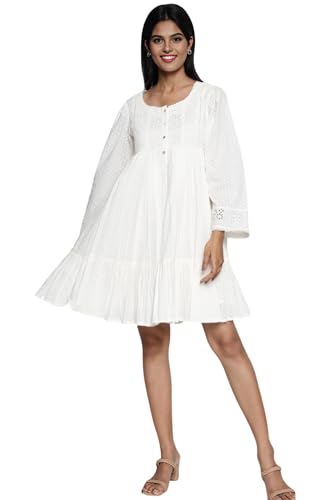 W for Woman Floral Schiffli Embroidered Fit and Flare Cotton Dress - White (W12599-221213-XS)