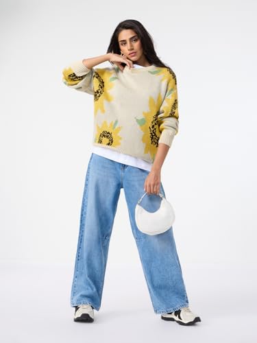The Souled Store Sunflower Women and Girls Full Sleeves Round Neck Light Yellow Floral Printed Acrylic Drop Shoulder Streetwear Trendy Casual Cozy Winter Oversized Pullover Sweater