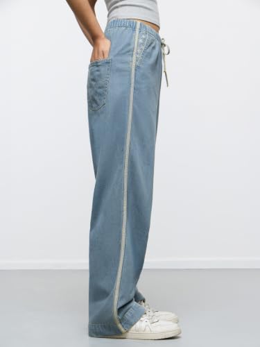 The Souled Store Winnie The Pooh: Bee Happy Women and Girls Drawstring Waist Light Blue Embroidered Cotton Straight Fit Lightweight Everyday Casual Denim Jeans