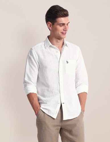 U.S. Polo Assn. Mens White Solid Collared Neck Long Sleeve Men's Casual Shirts (USSHTC0089_White_44)