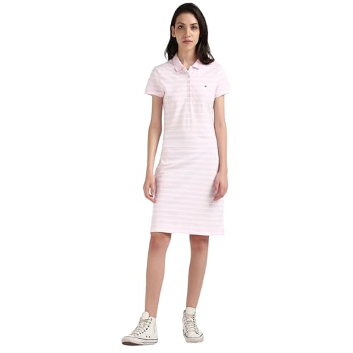 Tommy Hilfiger Women Pink Striped Cotton Short Sleeve Dress
