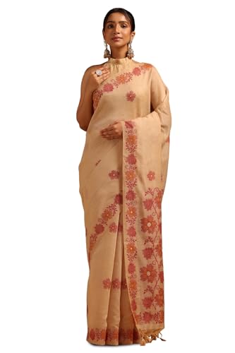 Soch Womens Beige Chanderi Floral Woven Design Saree