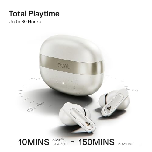 boAt Airdopes Plus 224, Powerful Spatial Audio, 60H Playback, Quad Mics AI-ENx™, 13 mm Drivers, Hearables App, Multipoint Connectivity, Google Fast Pair, Bluetooth v6.0 TWS Earbuds (Off White)