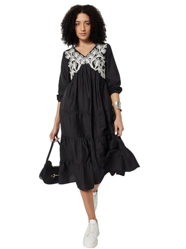 Max Women Embroidered Tiered Dress (Black_M)