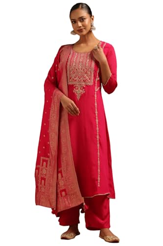 Soch Womens Fuchsia Chinon Zari Embroidered Salwar Suit