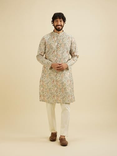 Manyavar Men's Cotton Blend Floral Print Kurta (Beige,M)