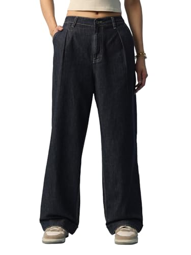 The Souled Store Baggy-Fit Denim: Atlantis Women and Girls Zip Fly Partially Elasticated Back Waistband Ink Blue Washed Cotton Denim Baggy Fit Front Pleat Detailing All-Season Jeans