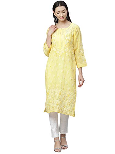Ada Handcrafted Lucknow Chikan Women's Cotton Kurta with Trouser Set S811136_Yellow