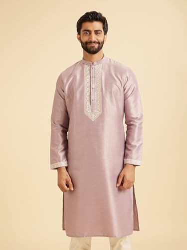 Manyavar Men's Art Silk Neckline Embroidered Solid Kurta Set (Lilac,L)