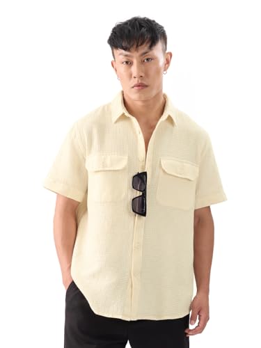 The Souled Store Eggshell White Men and Boys Short Sleeves Collared Neck Button Front Regular Fit Cotton Textured Shirts