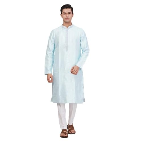 Ethnix Men's Regular Fit Jacquard Pattern Polyester Blend Long Sleeve Traditional Kurta Blue