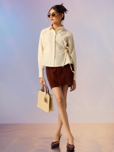 The Souled Store Seashell Women Full Length Spread Collar Off White Embroidered Cotton Linen Blend Regular Fit Breathable Side Tie-Up Lightweight Everyday Shirt for Casual Wear