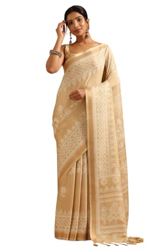 Soch Womens Light Gold Art Silk Botanical Saree