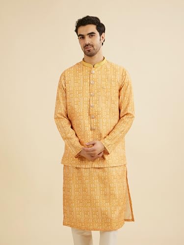 Manyavar Men's Art Silk Printed | Thread Work Kurta Jacket Set (Mustard,XXXL)
